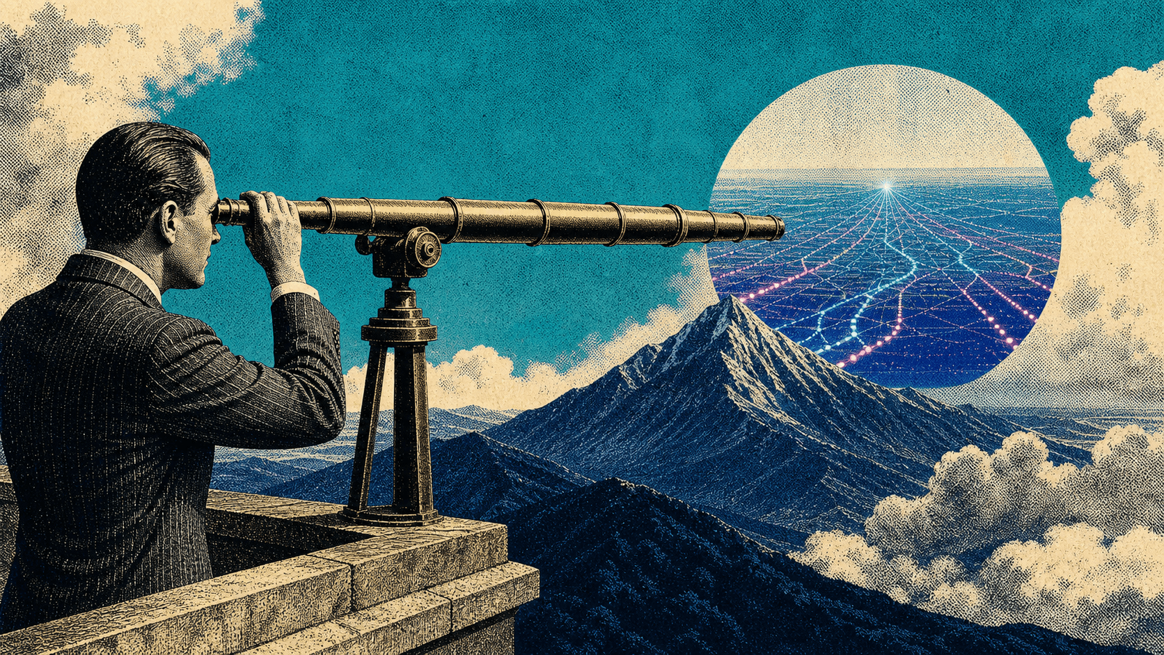Retro engraved collage of a person looking through a telescope toward a mountain and luminous route lines