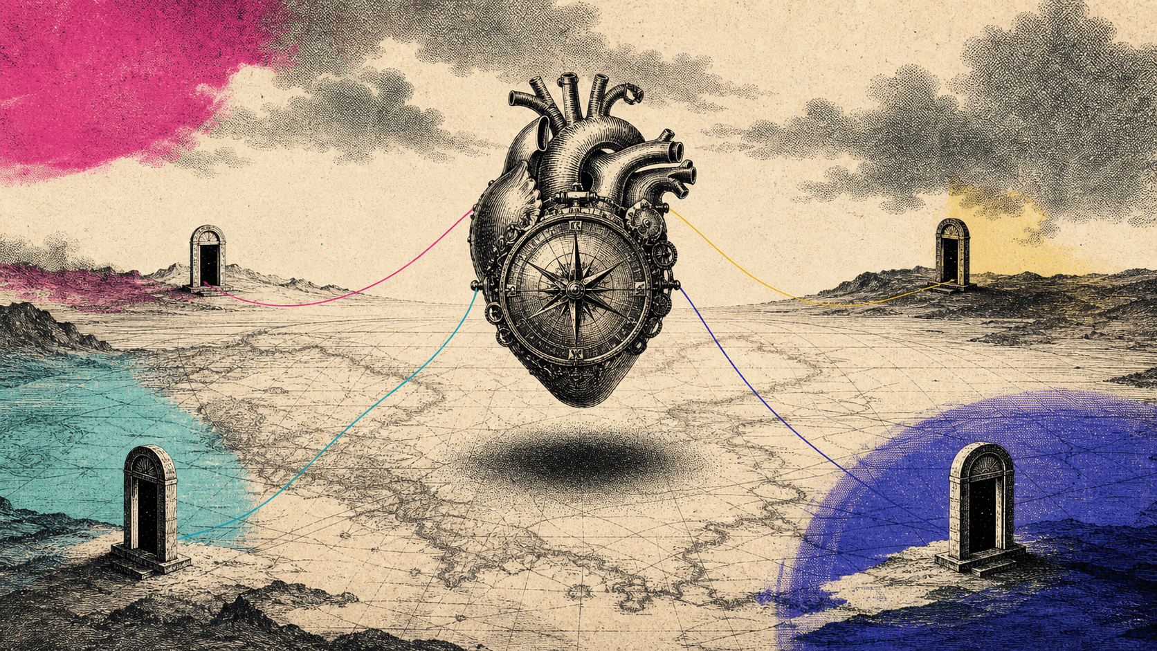 Retro engraved collage of a mechanical heart compass connected by colored threads to distant doorways