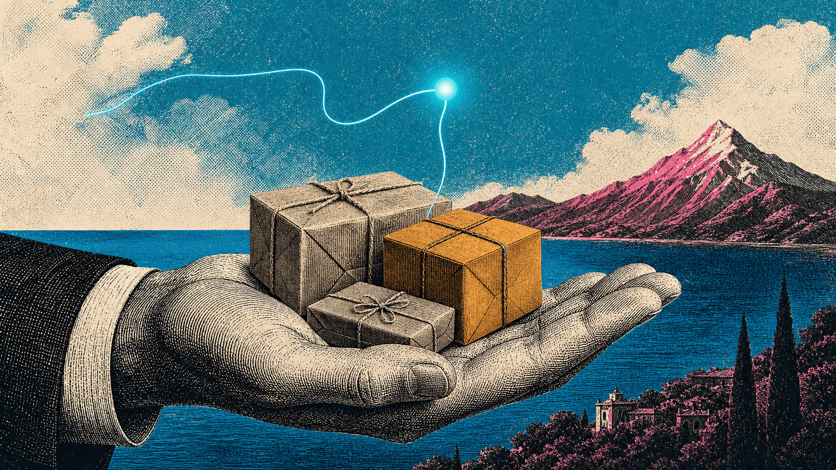 Retro engraved collage of a hand holding parcels with a cyan signal thread above a sea and mountain landscape